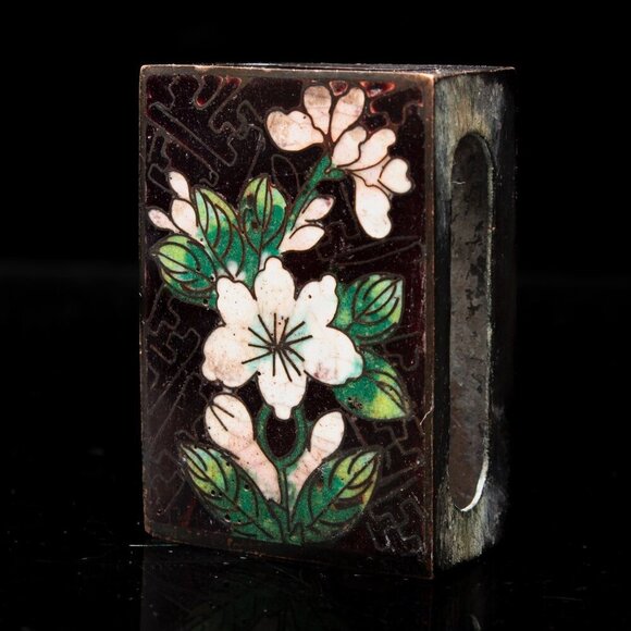 Accessories - Vintage Cloisonné Black Floral Matchbox Cover With Hand-Painted Enamel Design